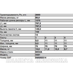 Рессора ЗИЛ-4331 задняя 14 листов L=1820мм S=75мм