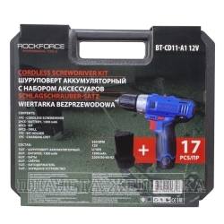 Дрель-шуруповерт с АКБ 12.0В,1x1.3Ач Li-Ion,25Нм,0-350/0-1300об/мин.набор сверл и бит,кейс ROCKFORCE