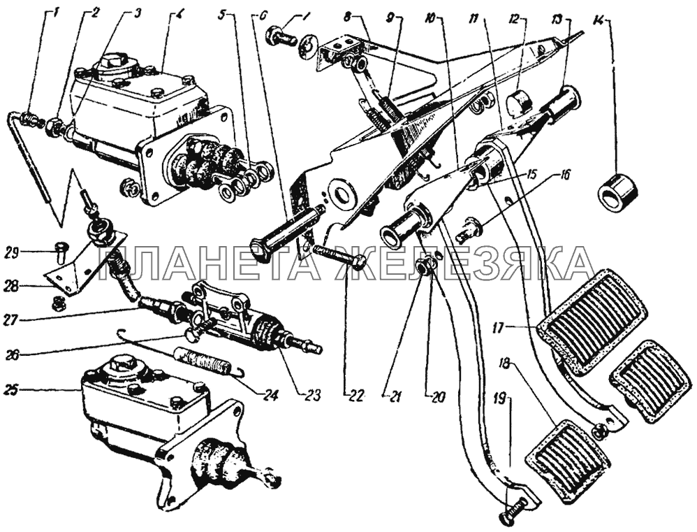 Привод выключения сцепления и тормозная педаль ГАЗ-21