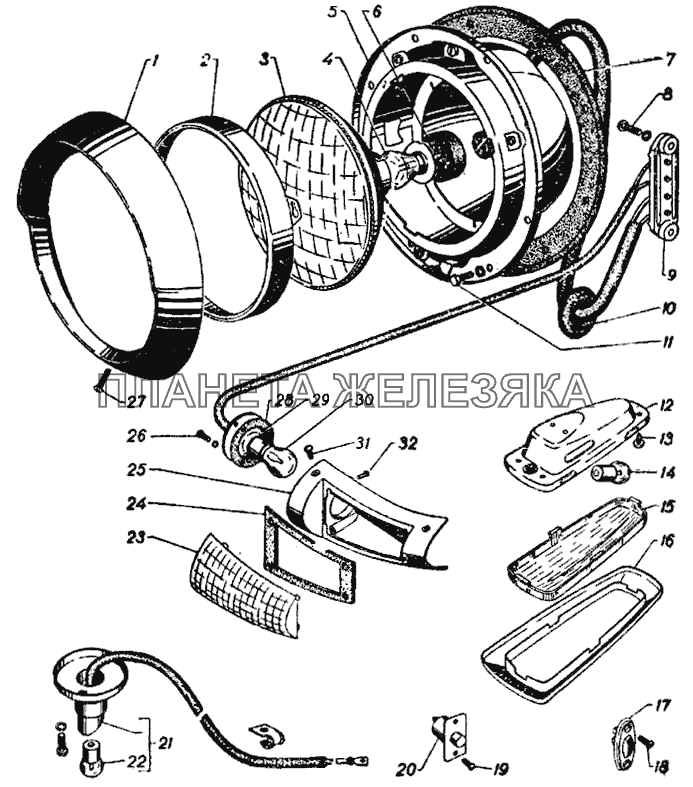 Фара, подфарник, плафон и подкапотная лампа ГАЗ-21