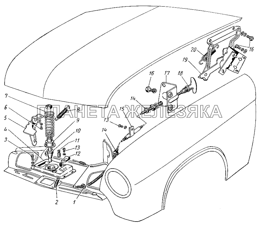 Замок и привод замка капота ГАЗ-21 (каталог 69 г.)