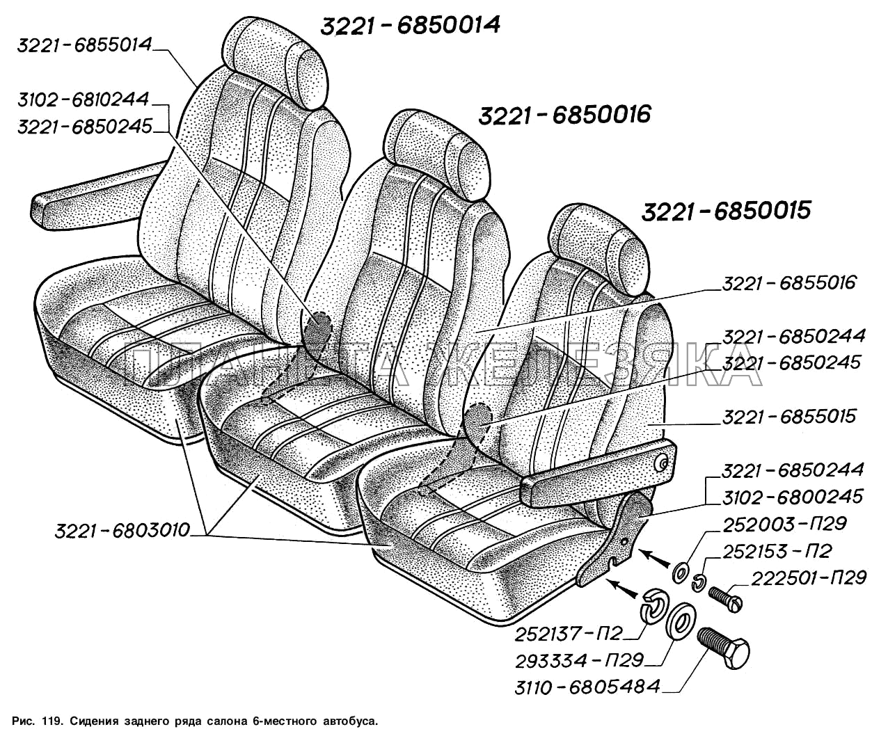 Сиденья заднего ряда салона 6-местного автобуса ГАЗ-2217 (Соболь)