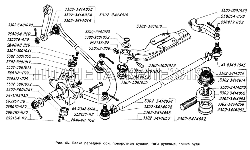 Балка передней оси, поворотные кулаки, тяги рулевые, сошка руля ГАЗ-2705 (ГАЗель)