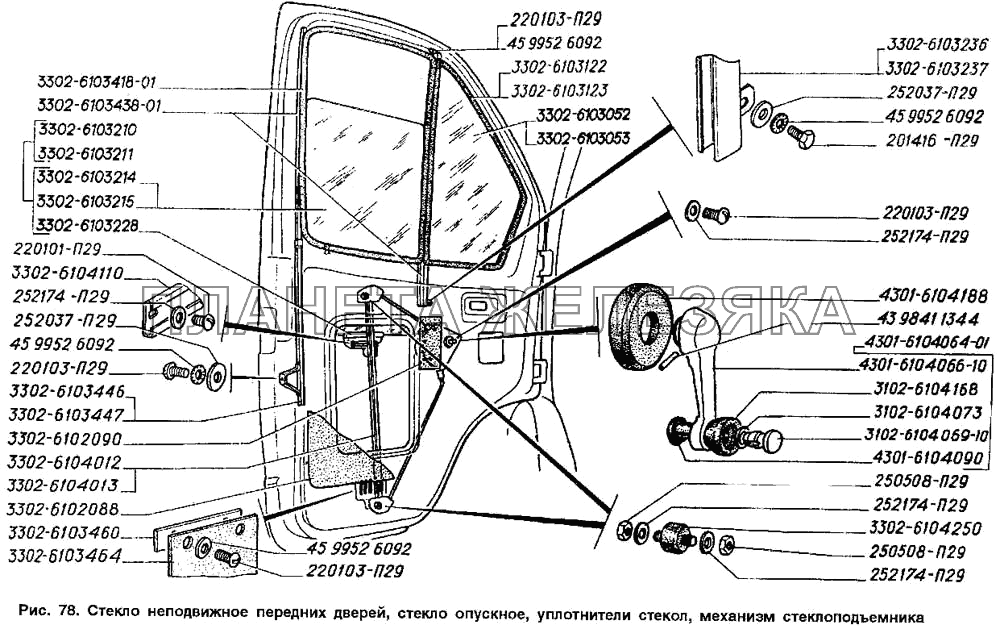 Стекло неподвижное передних дверей, стекло опускное, уплотнители стекол, механизм стеклоподъемника ГАЗ-2705 (ГАЗель)