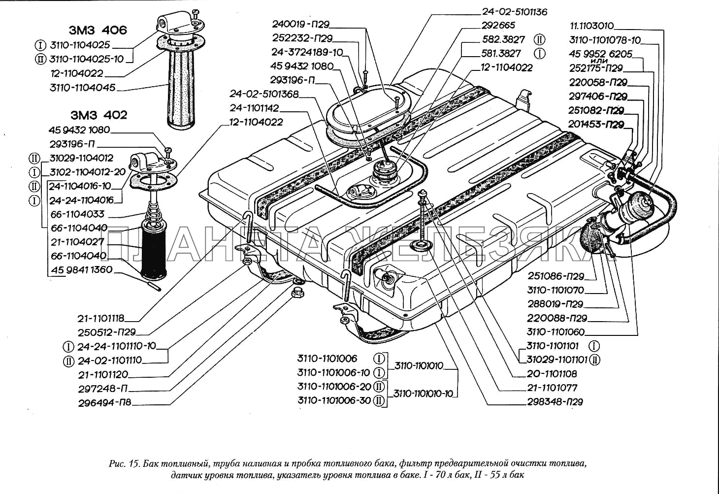 Бак топливный, труба наливная и пробка топливного бака, фильтр предварительной очистки топлива, датчик уровня топлива, указатель уровня топлива в баке. I - 70 л бак, II - 55 л бак ГАЗ-3110