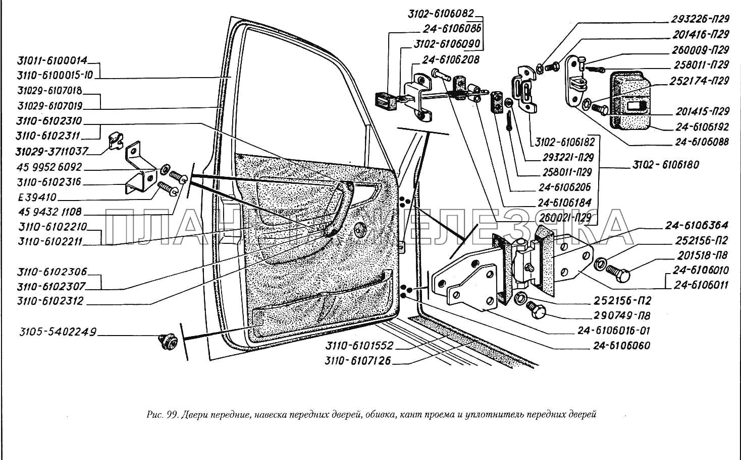 Двери передние, навеска передних дверей, обивка, кант проема и уплотнитель передних дверей ГАЗ-3110