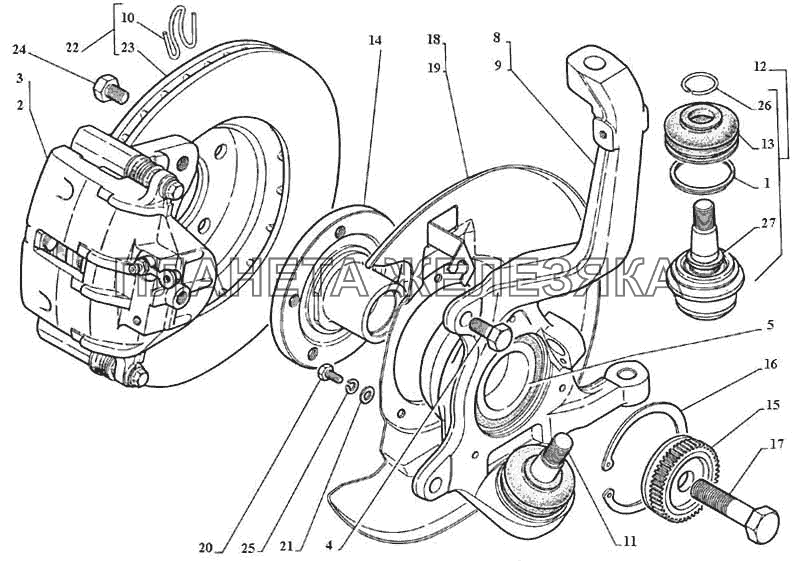 Стойка передней подвески со ступицей колеса, шарнир подвески нижний ГАЗ-3111