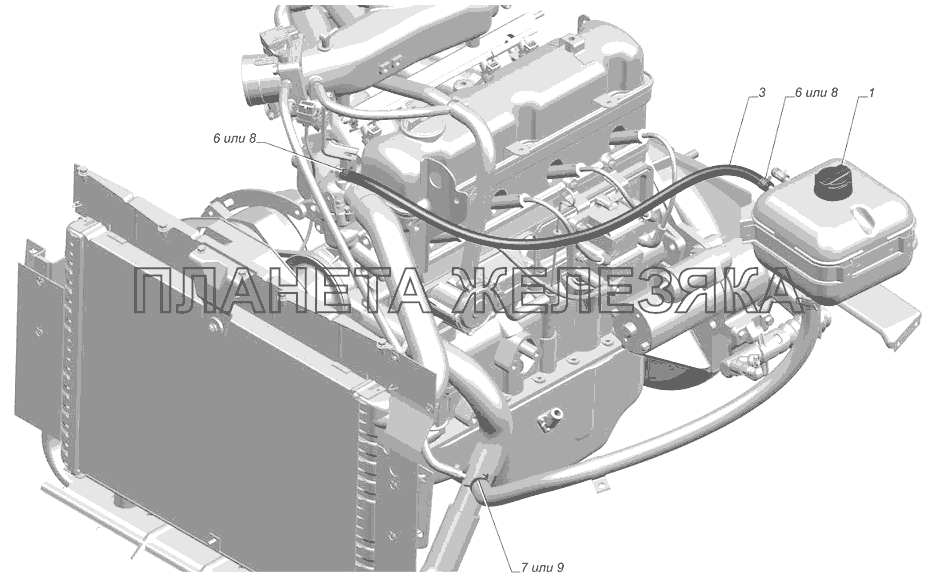 33027-1311001. Установка шлангов расширительного бачка ГАЗ-3302 (с двиг. УМЗ)