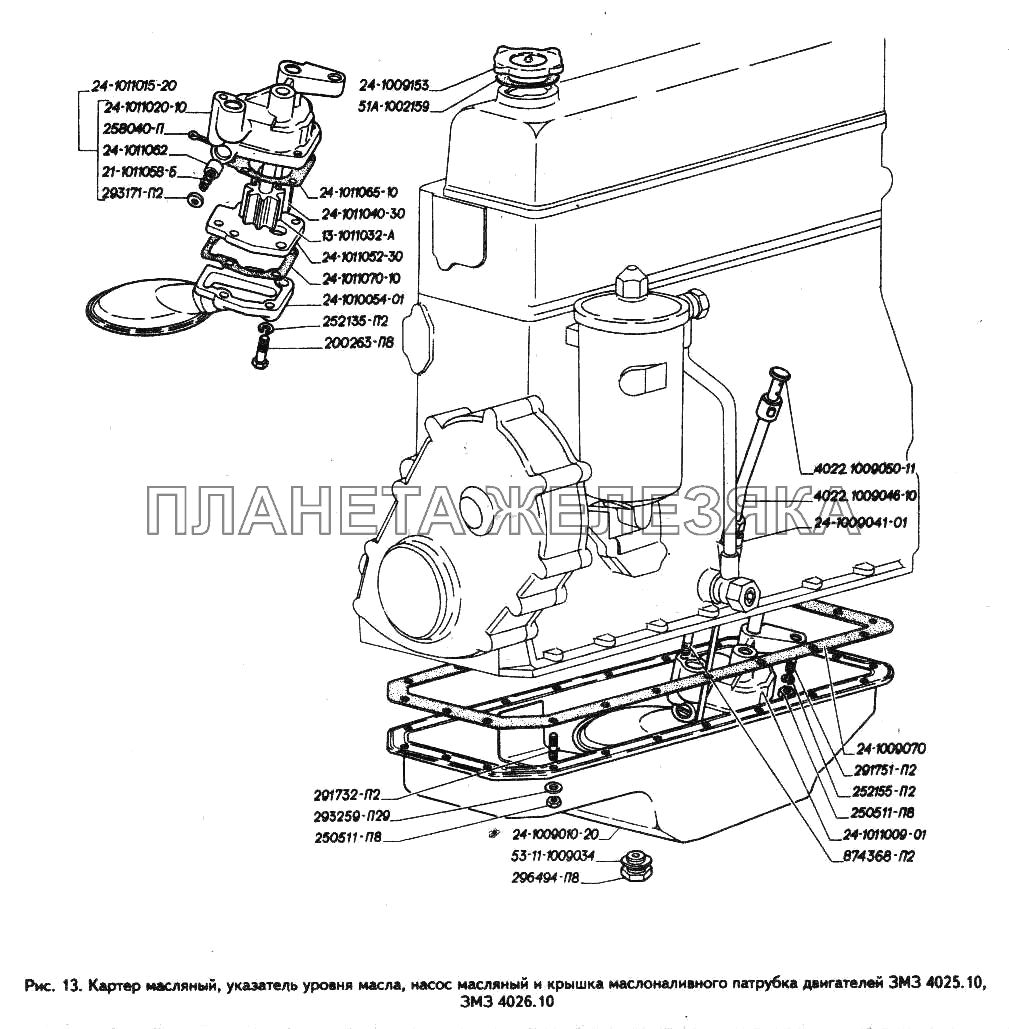 Картер масляный, указатель уровня масла, насос масляный и крышка маслоналивного патрубка двигателей ЗМЗ 4025.10, ЗМЗ 4026.10 ГАЗ-3302 (ГАЗель)