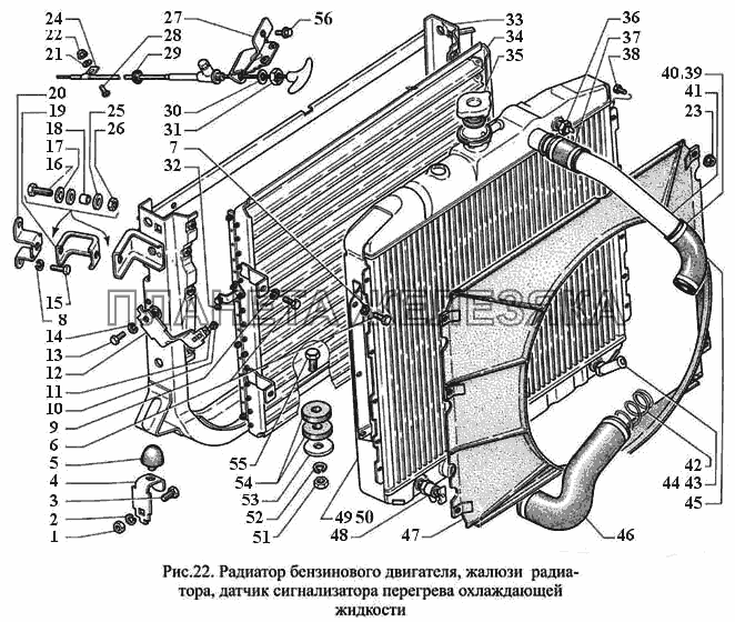 Радиатор бензинового двигателя, жалюзи радиатора, датчик сигнализатора перегрева охлаждающей жидкости ГАЗ-3308