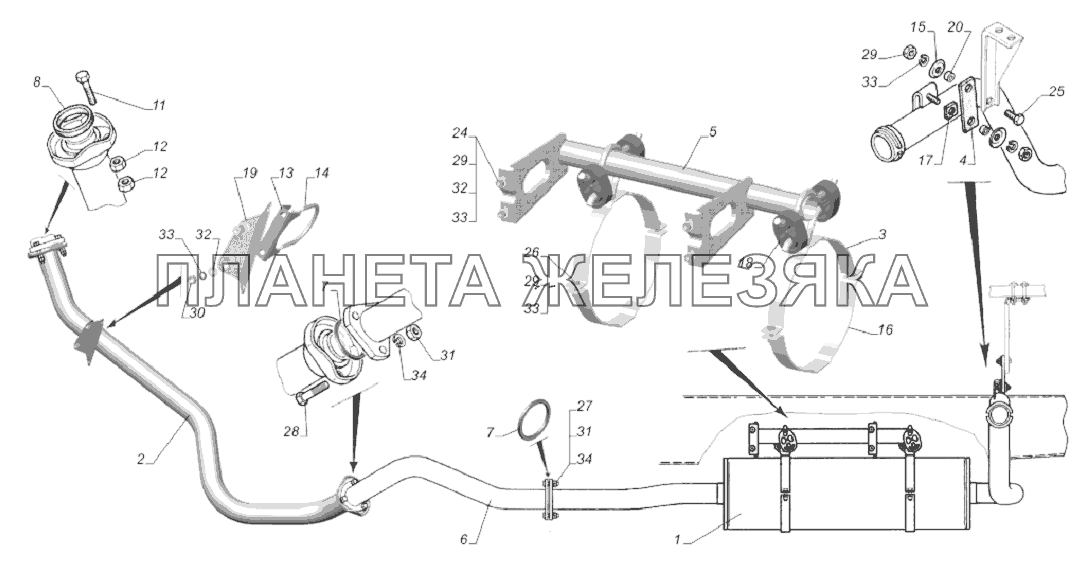 33081-1200001-71. Установка системы выпуска газов ГАЗ-33081