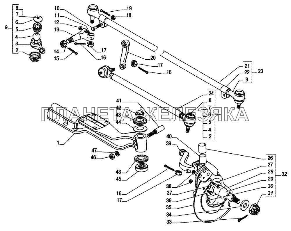 Балка задней оси, поворотные кулаки, тяги рулевые, сошки руля ГАЗ-33104 Валдай