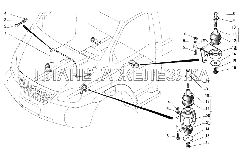 Крепление кабины, кожух пола ГАЗ-33104 Валдай