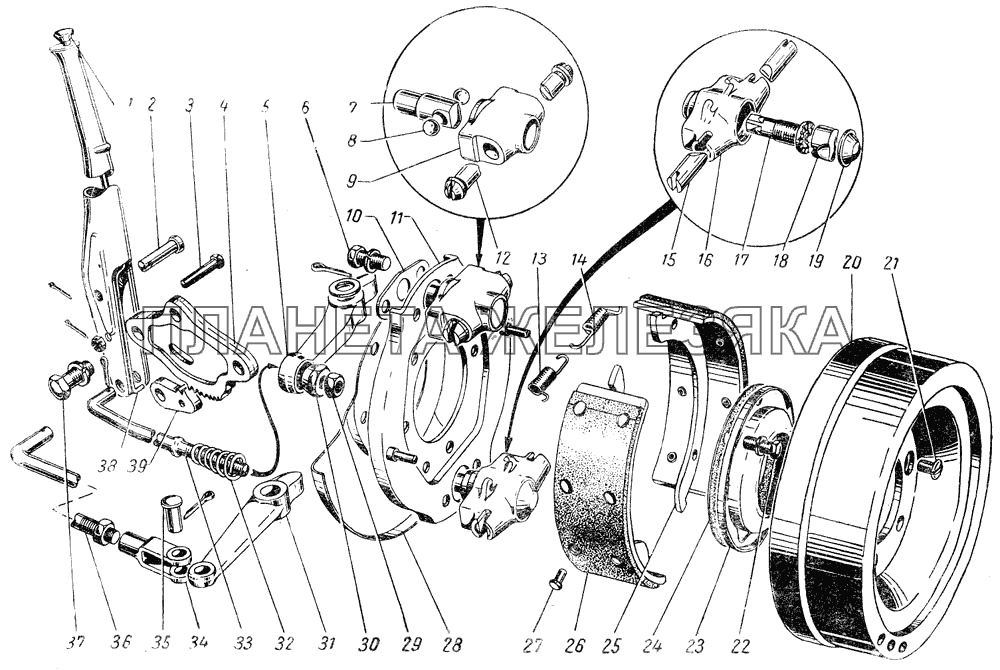 Ручной тормоз и управление им ГАЗ-51 (63, 93)