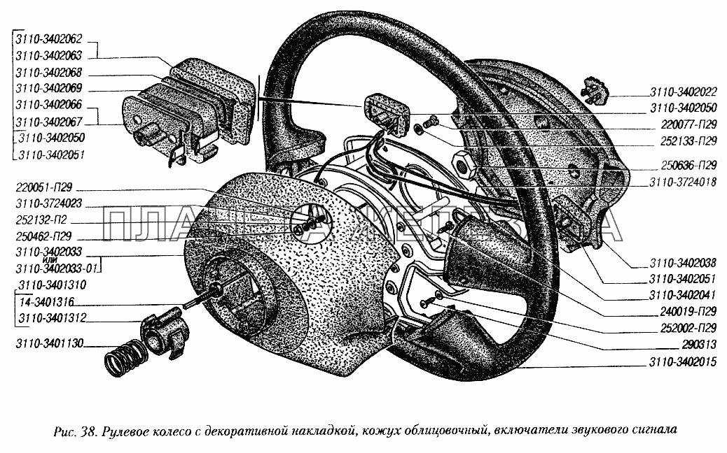 Рулевое колесо с декоративной накладкой, кожух облицовочный, включатели звукового сигнала ГУР 3110 и 3102