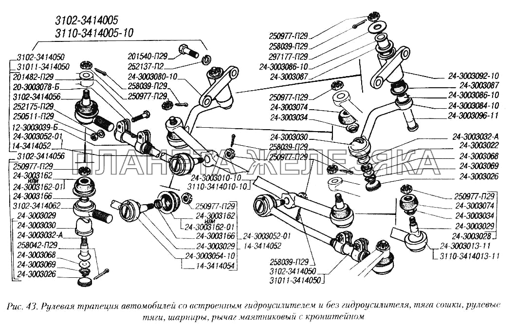 Рулевая трапеция автомобилей со встроенным гидроусилителем и без гидроусилителя, тяга сошки, рулевые тяги, шарниры, рычаг маятниковый с кронштейном ГУР 3110 и 3102