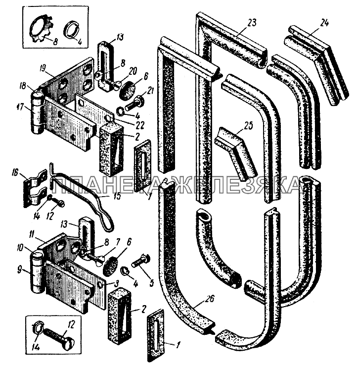 Петли, ограничители открытия и уплотнения задней двери кузовов моделей 412 и 427 ИЖ 412
