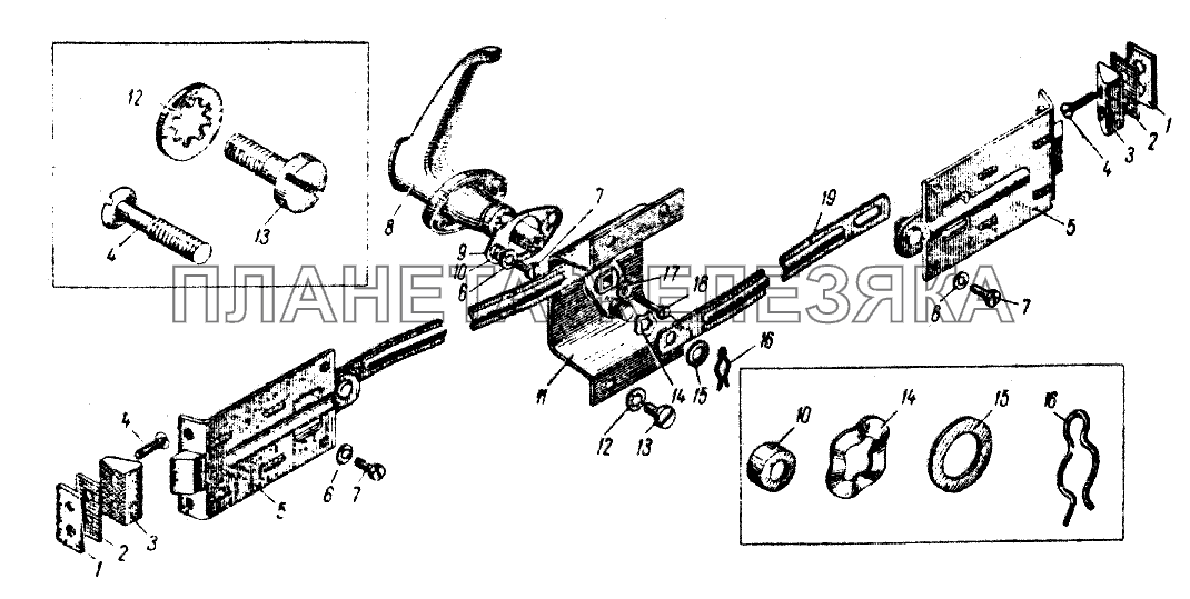 Замок и ручка задней двери кузовов моделей 427 и 434 ИЖ 412