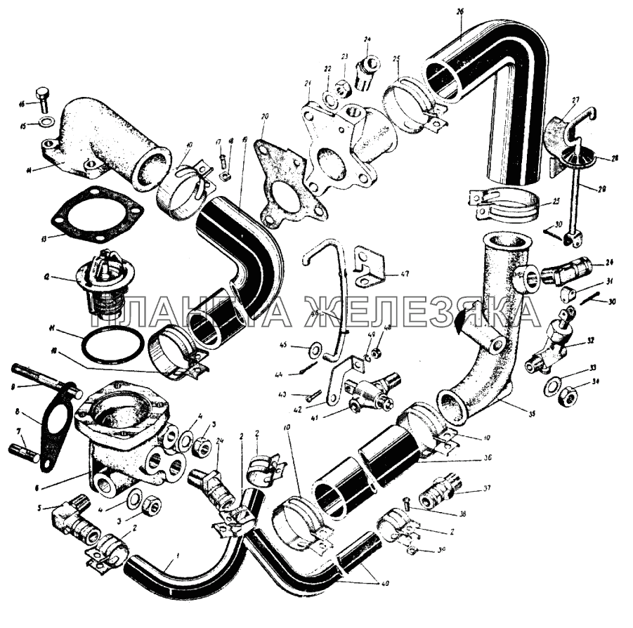 Трубопроводы, шланги и термостат системы охлаждения ИЖ 412