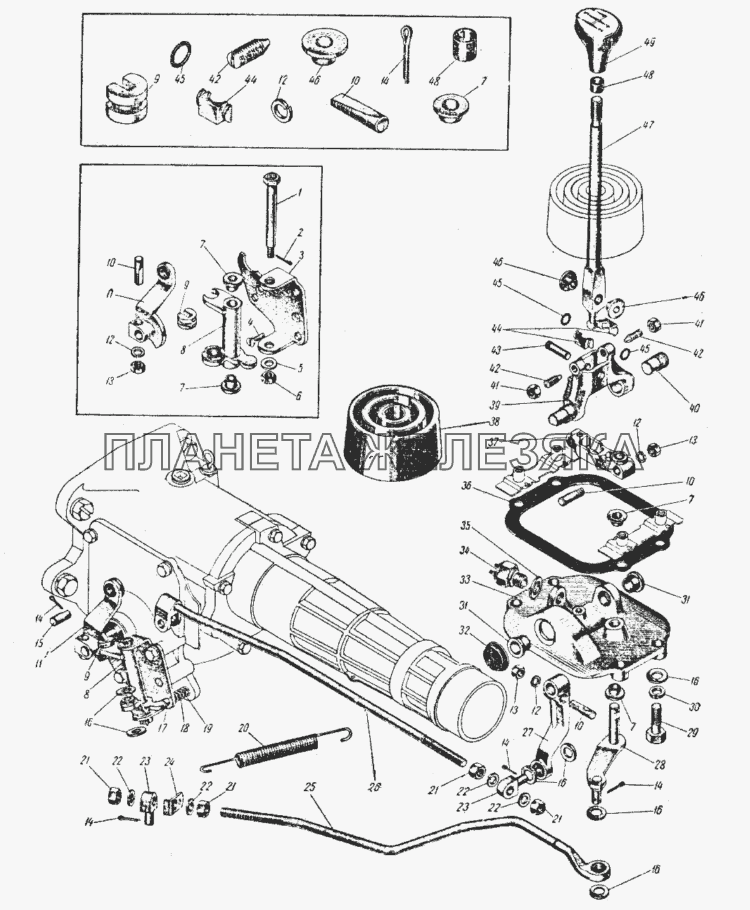Механизм переключения передач коробки передач с рычагом управления, расположенным на полу кузова ИЖ 434