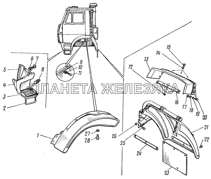 Крыло, брызговик и подножка КамАЗ-43101