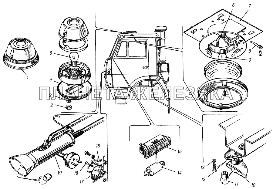 Установка приборов освещения на кабине КамАЗ-4310 (каталог 2004 г)