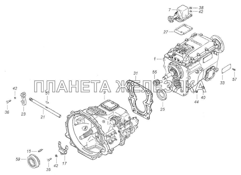 152.1700250 Коробка передан с делителем, управлением и деталями сцепления КамАЗ-43253 (Часть-1)