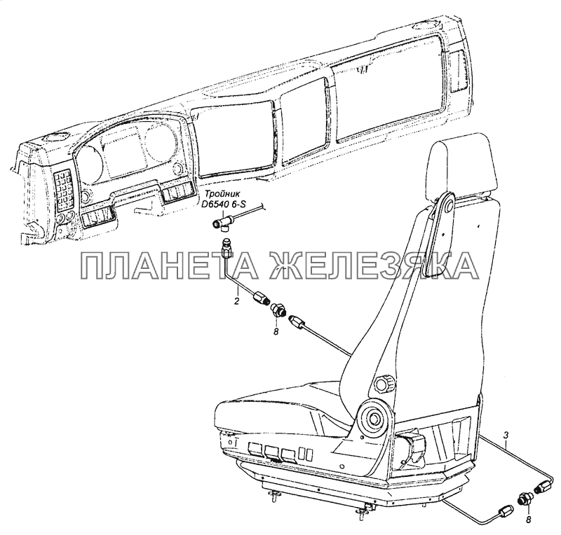 54115-6800900-02 Схема подключения пневмосистемы сидений КамАЗ-43255 (Евро-3)