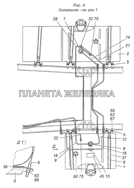 5Э6350-1100001 Установка топливных баков, фильтра грубой очистки топлива (ФГОТ) и топливопроводов КамАЗ-5350 (6х6)