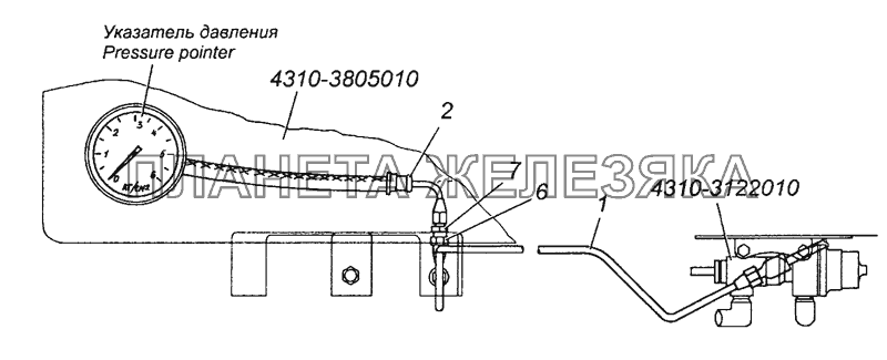 4310-3816001 Установка трубопроводов к шинному манометру КамАЗ-53504 (6х6)