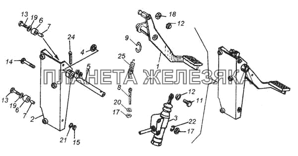Педаль сцепления с кронштейном и главным цилиндром КамАЗ-53228, 65111