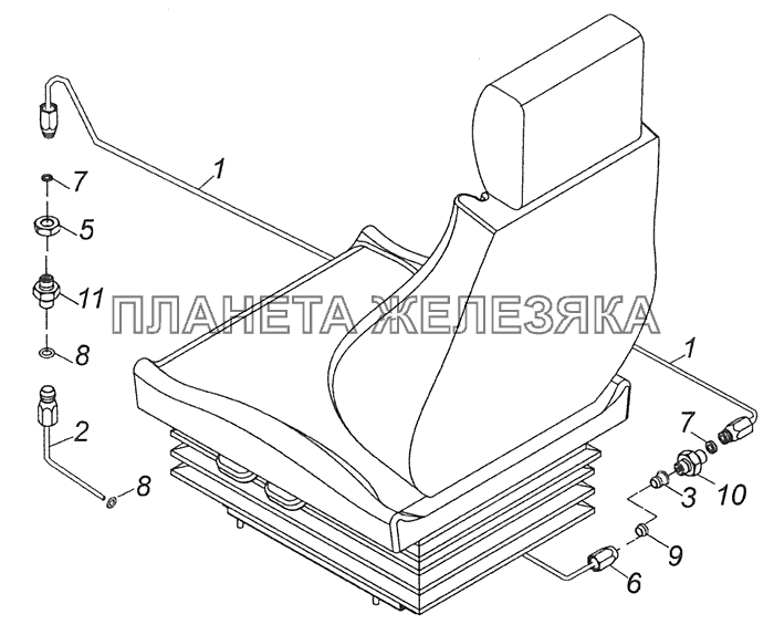 54115-6800900 Схема подключения сидения водителя к пневмосистеме КамАЗ-65115 (Евро-3)