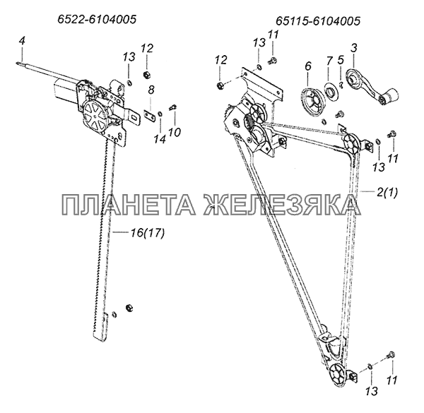 65115-6104005 Установка стеклоподъемников двери КамАЗ-6520 (Euro-4)