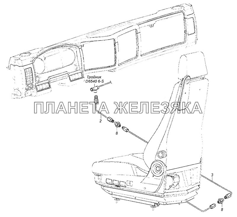 54115-6800900-02 Схема подключения пневмосистемы сидений КамАЗ-6520 (Euro-4)