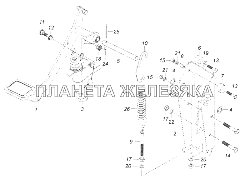 6520-1602008 Педаль сцепления с кронштейном и главным цилиндром КамАЗ-65201 Евро 2-3