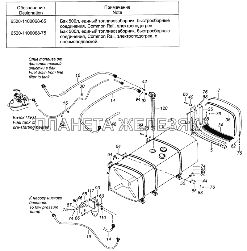 6520-1100068-65 Установка топливного бака, фильтра грубой очистки топлива и топливопроводов КамАЗ-6522 (Евро-4)