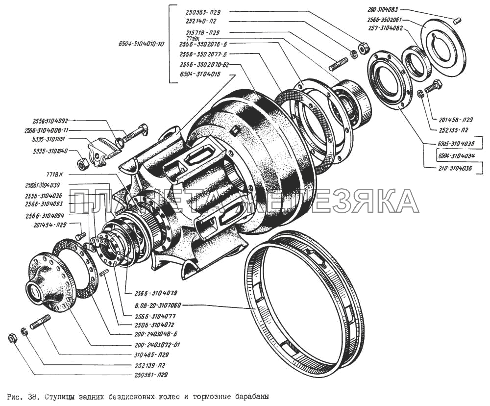 Ступицы задних бездисковых колес и тормозные барабаны КрАЗ-256