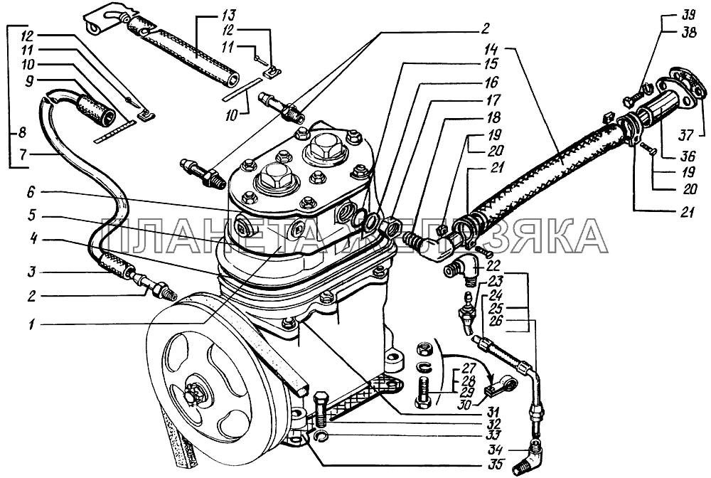 Установка и привод компрессора (после внесения конструктивных изменений) КрАЗ-6446