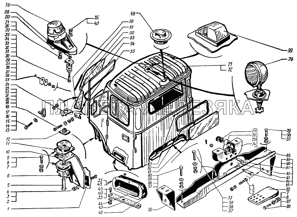 Кабина в сборе и крепление кабины КрАЗ-6322 (шасси)