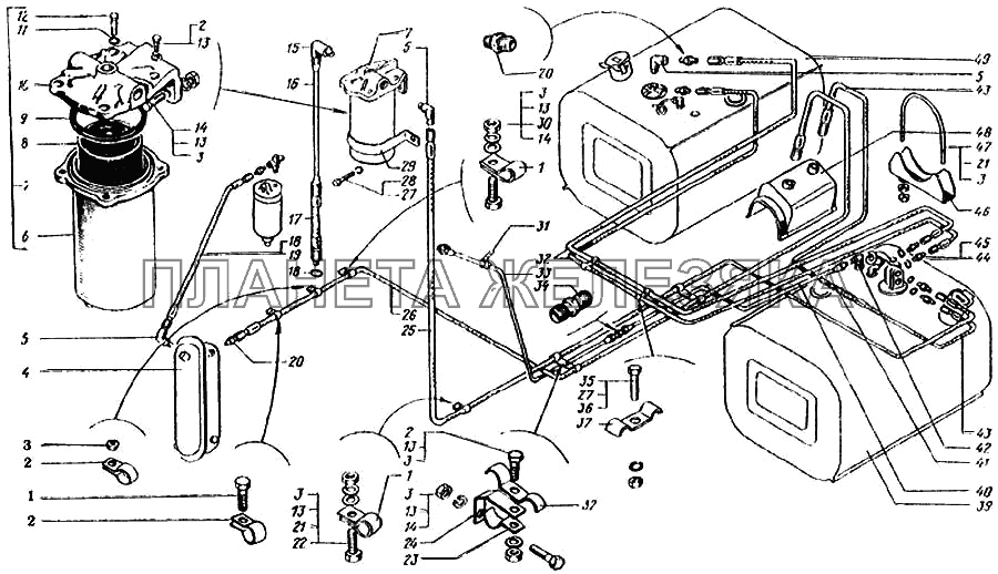 Топливные баки, топливопроводы и фильтр грубой очистки (КрАЗ-6443, 644301) КрАЗ-6443