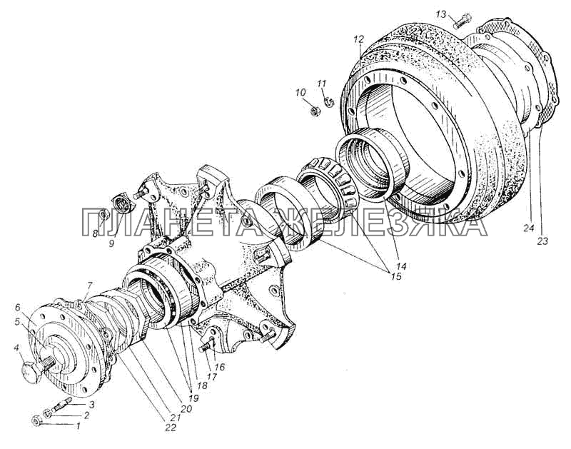 Ступица и тормозной барабан переднего колеса автомобиля МАЗ-509А МАЗ-5335