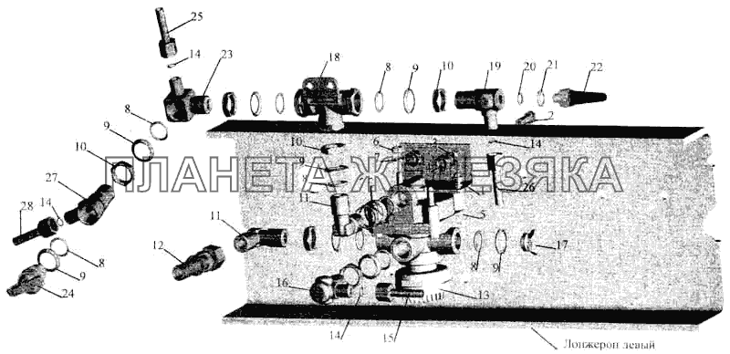 Установка ускорительного клапана и присоединительной арматуры МАЗ-533602, МАЗ-533603, МАЗ-533605, МАЗ-533608 МАЗ-5336