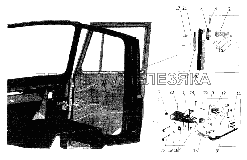 Установка ограничителя и петель двери МАЗ-5336