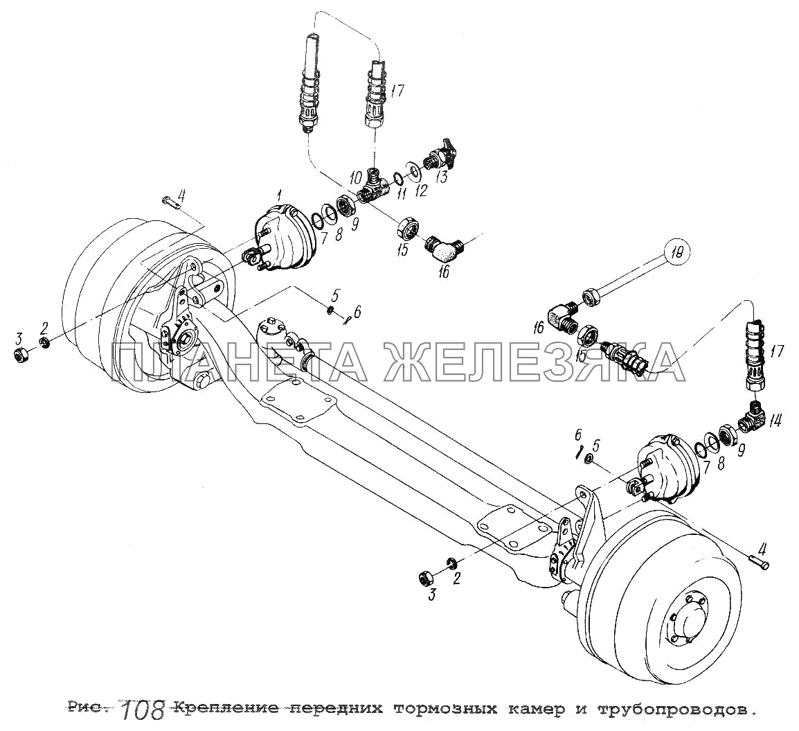 Крепление передних тормозных камер и трубопроводов МАЗ-5516