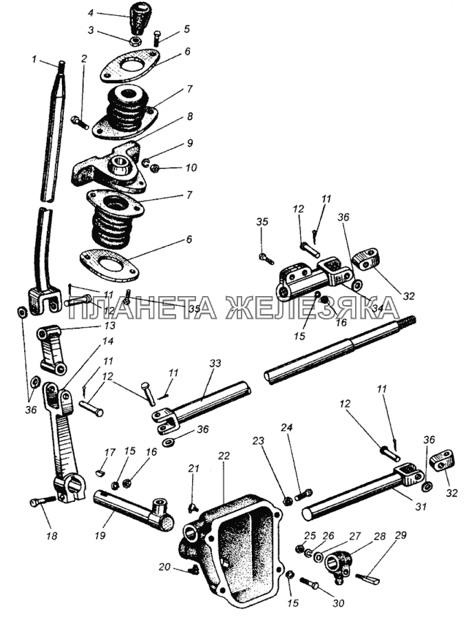 Рычаг переключения передач и промежуточный механизм управления коробкой передач МАЗ-5429