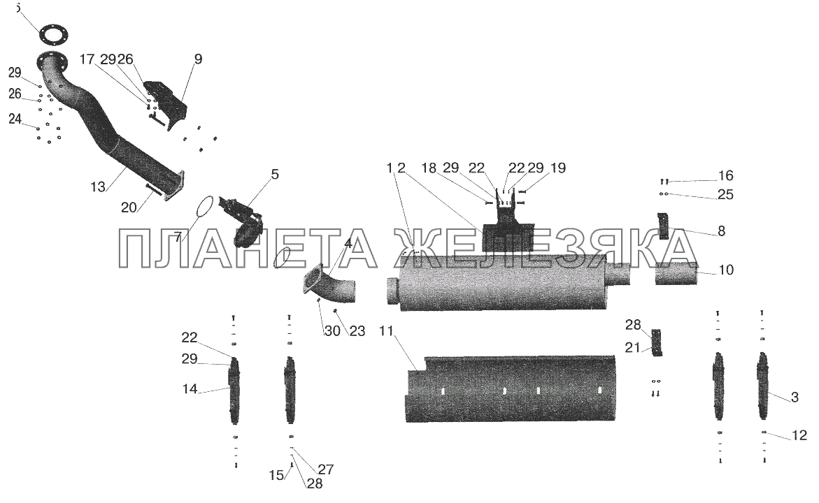 Установка системы выпуска отработавших газов МАЗ-551605 с КПП ЯМЗ-238М без обогрева кузова МАЗ-5432