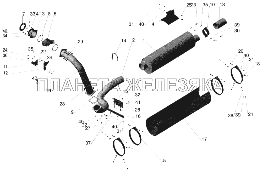 Установка системы выпуска отработавших газов МАЗ-551605 с КПП МАЗ-543205 без обогрева кузова МАЗ-543202