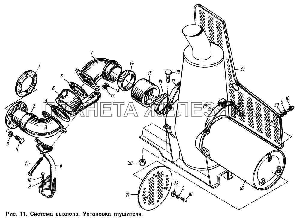 Система выхлопа. Установка глушителя МАЗ-64221