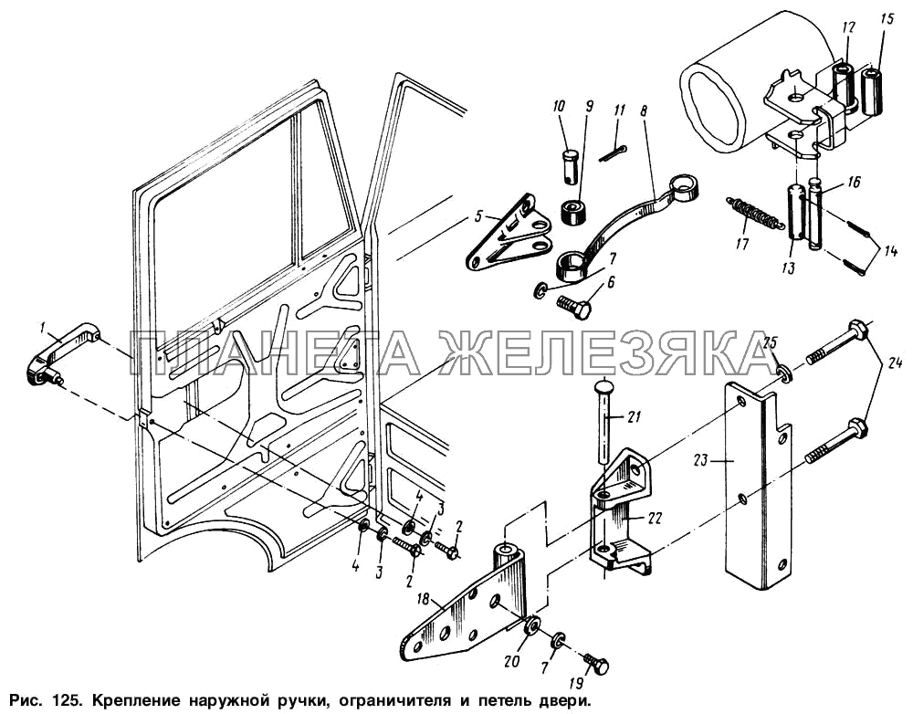 Крепление наружной ручки, ограничителя и петель двери МАЗ-54321