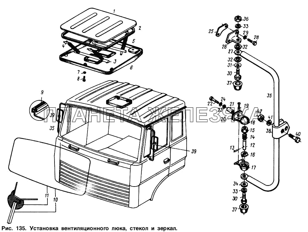 Установка вентиляционного люка, стекол и зеркал МАЗ-54321